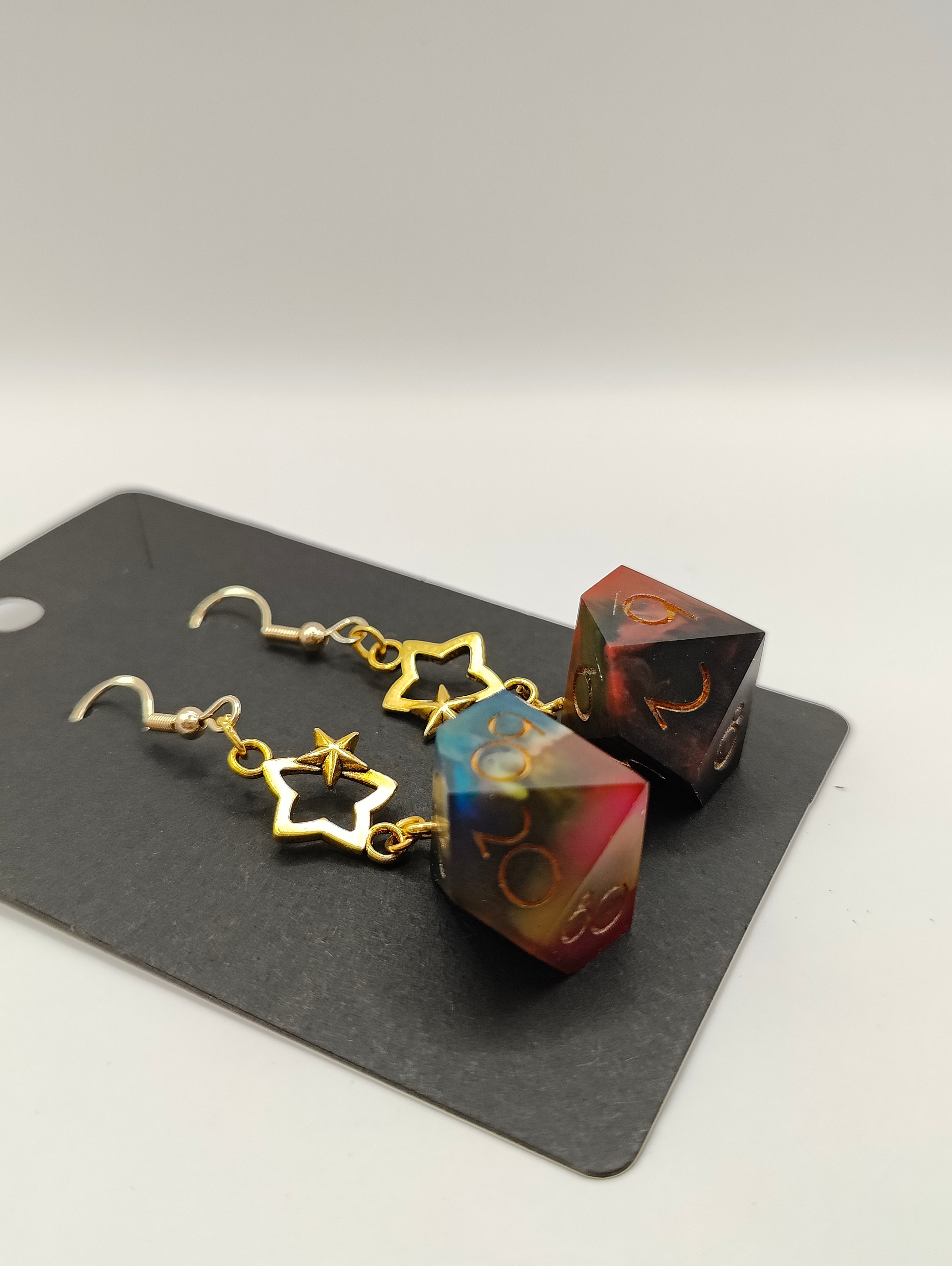 Handmade dangly D10/D% earrings: Rainbow prism matte finish